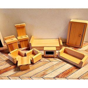 9 Pc Dollhouse Kids Unfinished Wood Furniture Lot Bedroom Kitchen Miniature
